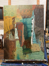 Load image into Gallery viewer, South African traditional tribal patterns and motifs inspired this painting with colour unique to Australian and African landscapes. Painting shown here on an easel.
